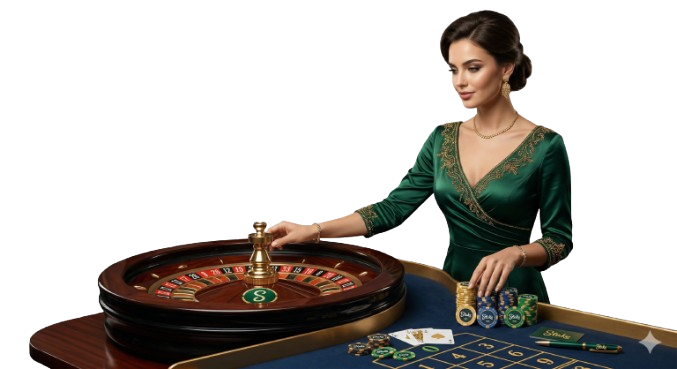 Elegancka krupierka przy stole do ruletki w Stake Kasyno PL — premium gry live