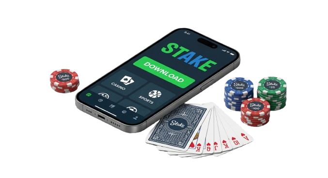 Pobierz Stake App: smartfon z aplikacją mobilną, przyciskiem download, żetonami i kartami